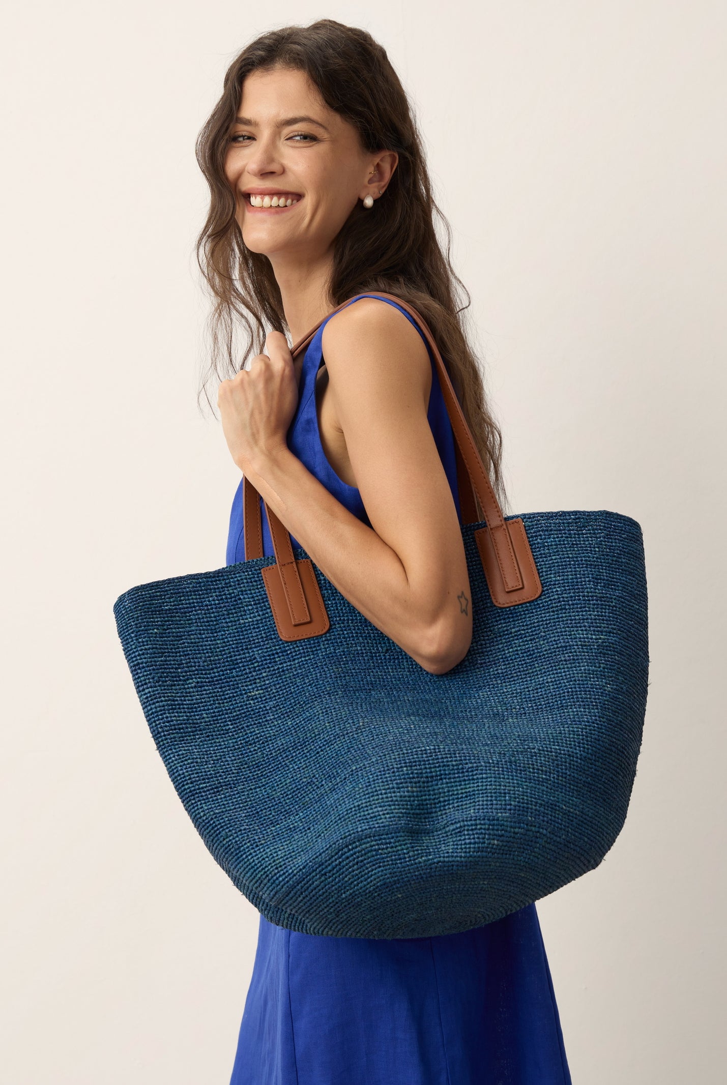 Handwoven Raffia Tote Bag With Leather Handles by LINTICO for women