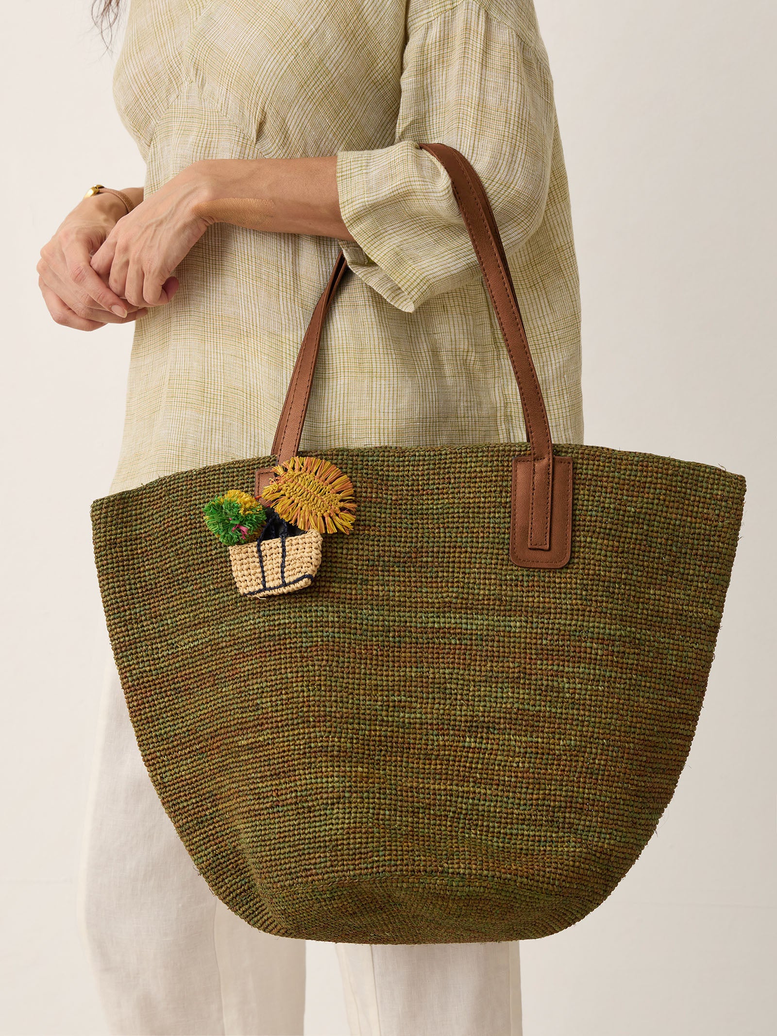 Handwoven Raffia Tote Bag With Leather Handles by LINTICO for women