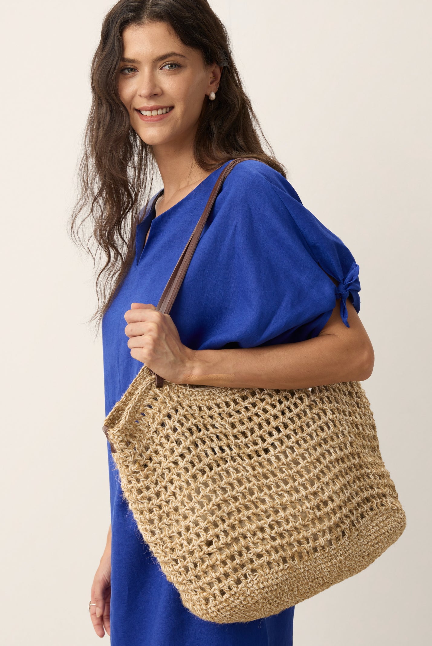 Linen-Cotton Open-Weave Tote Bag With Zip Pouch by LINTICO for women