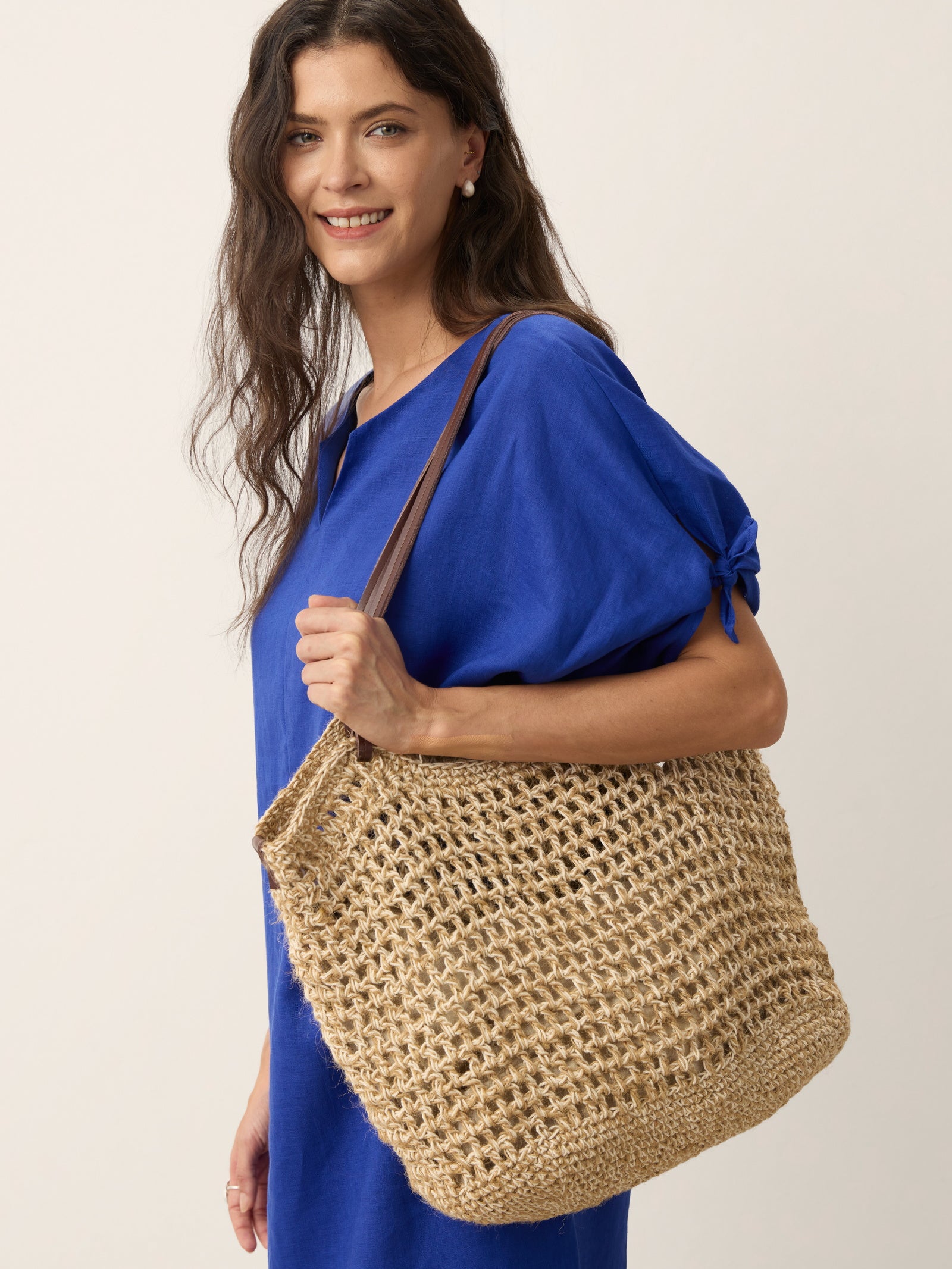 Linen-Cotton Open-Weave Tote Bag With Zip Pouch by LINTICO for women