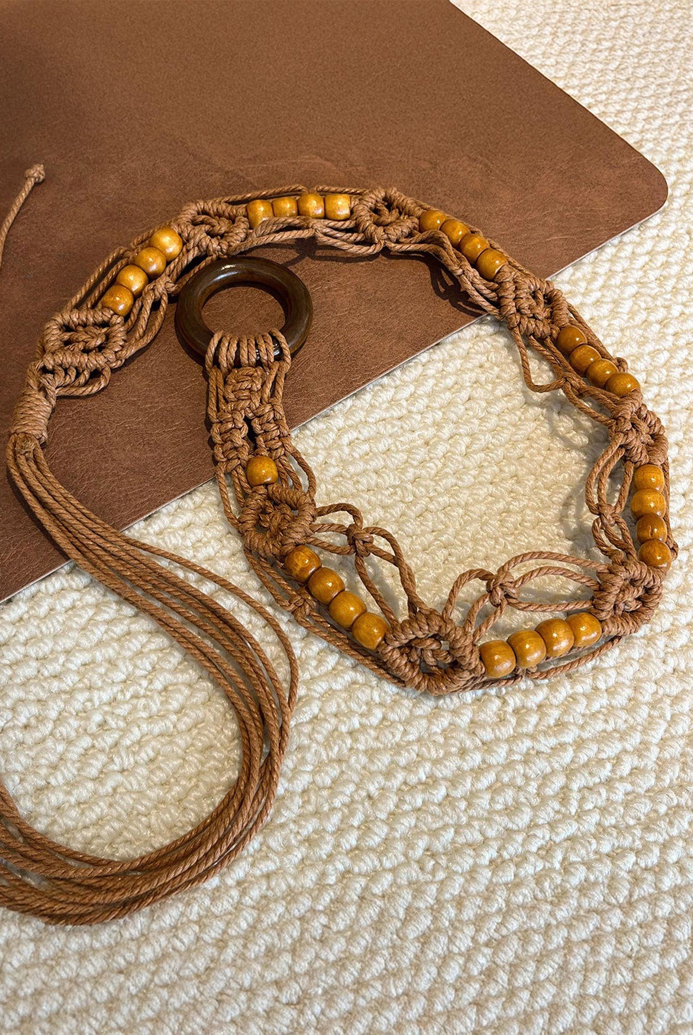 Bohemian Hand-Woven Waxed Cord Waist Rope With Wood Beads by LINTICO