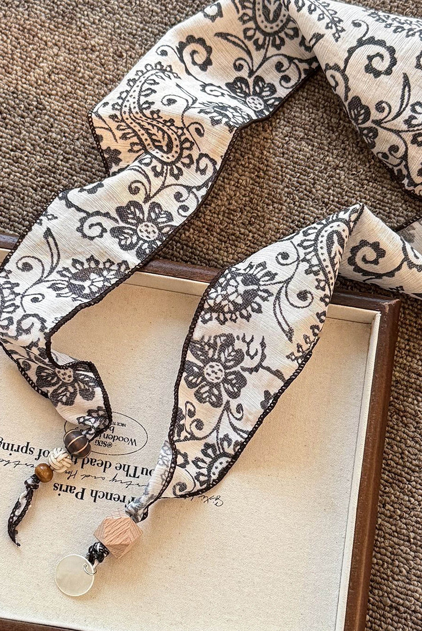 Multi-Functional Floral Satin Scarf With Jade Bead Accents by LINTICO for women