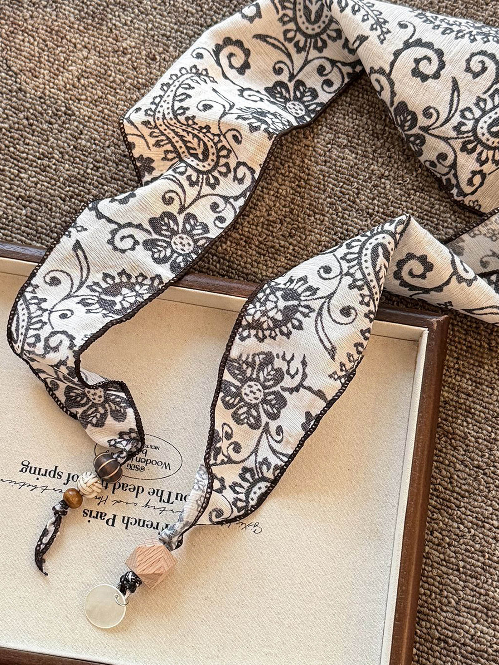 Multi-Functional Floral Satin Scarf With Jade Bead Accents by LINTICO for women