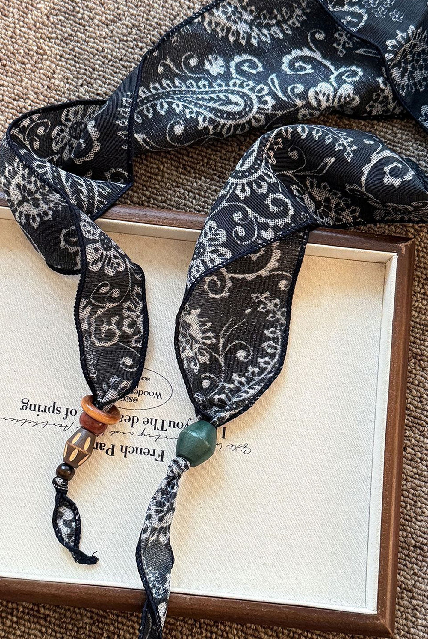 Multi-Functional Floral Satin Scarf With Jade Bead Accents by LINTICO for women