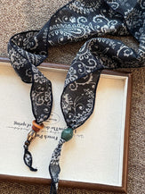Multi-Functional Floral Satin Scarf With Jade Bead Accents by LINTICO for women