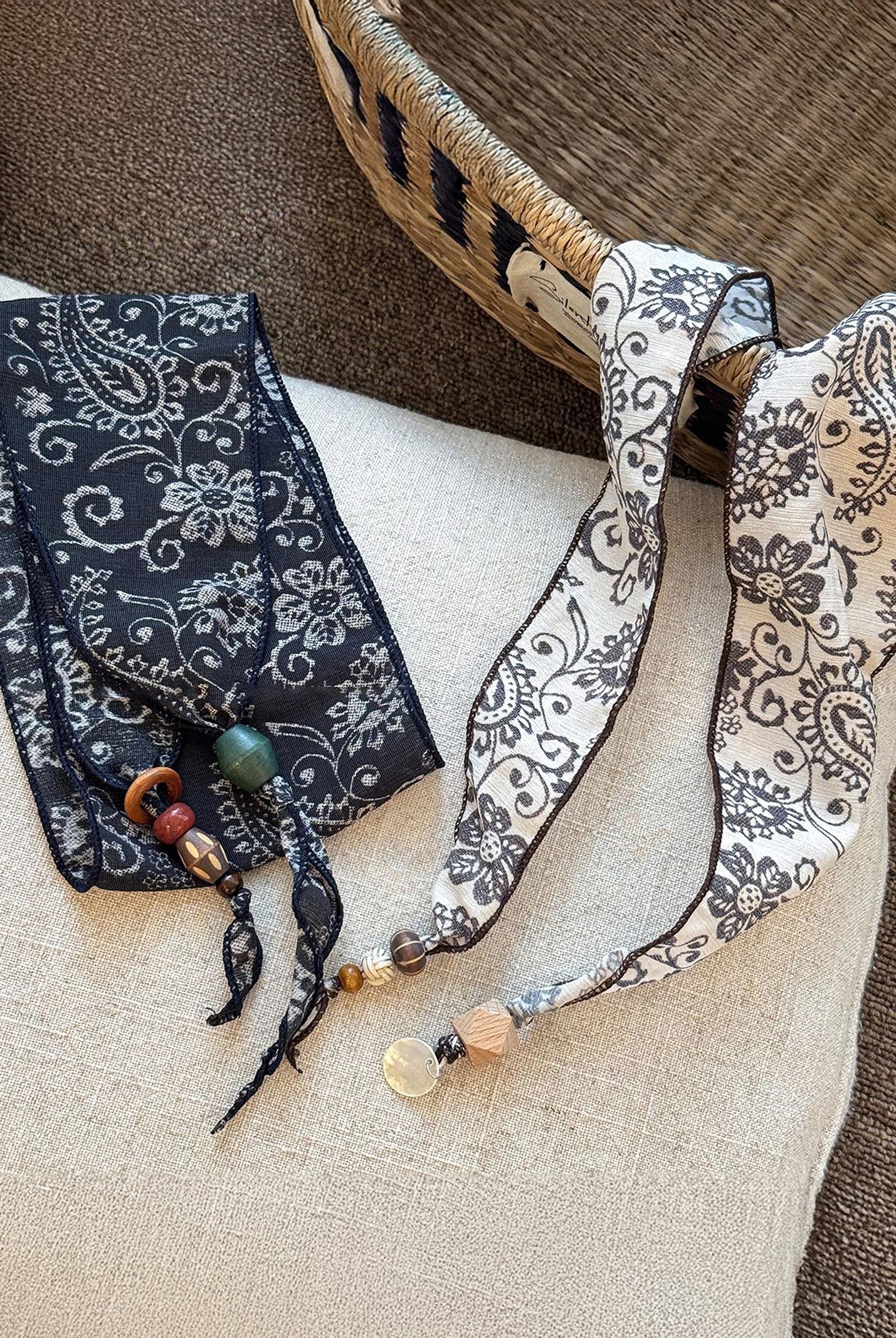 Multi-Functional Floral Satin Scarf With Jade Bead Accents by LINTICO for women