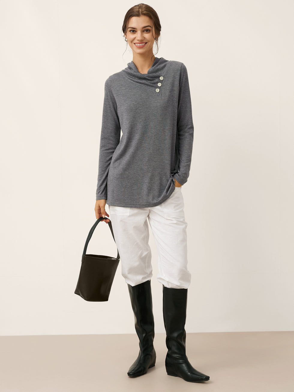Cashmere Asymmetric Cowl Neck Stretch Top TATIANA by LINTICO for women
