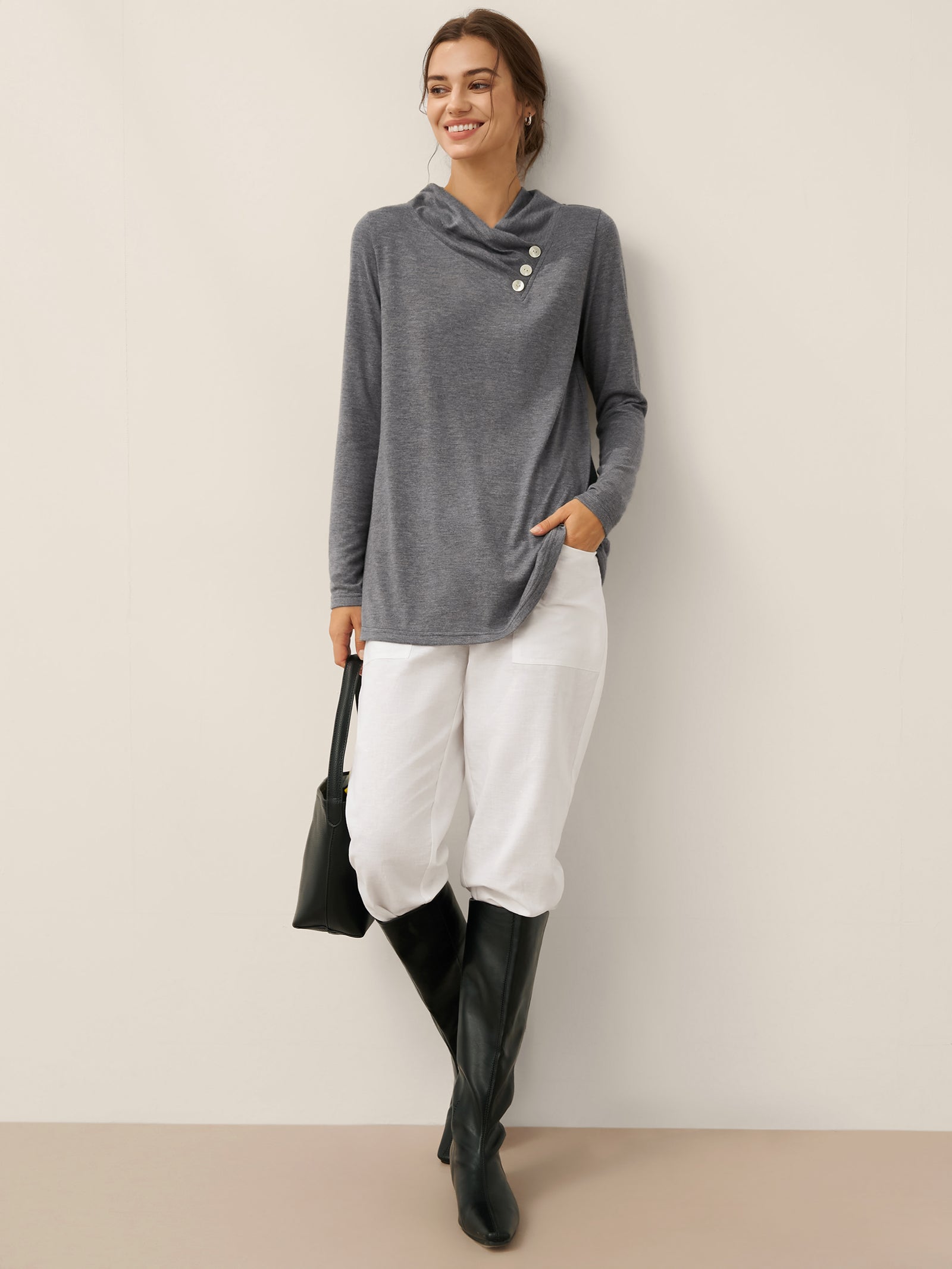 Cashmere Asymmetric Cowl Neck Stretch Top TATIANA by LINTICO for women