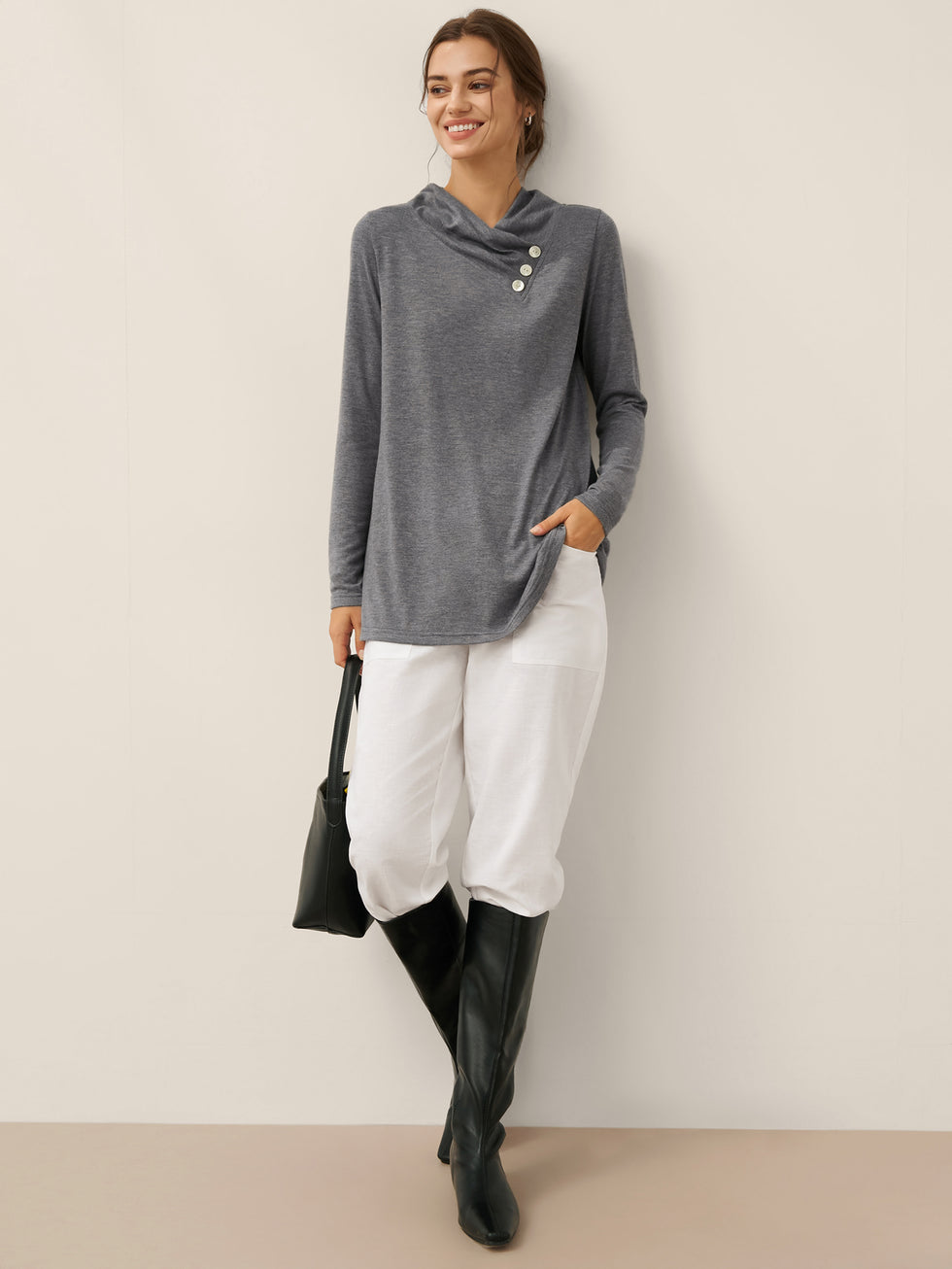 Cashmere Asymmetric Cowl Neck Stretch Top TATIANA by LINTICO for women