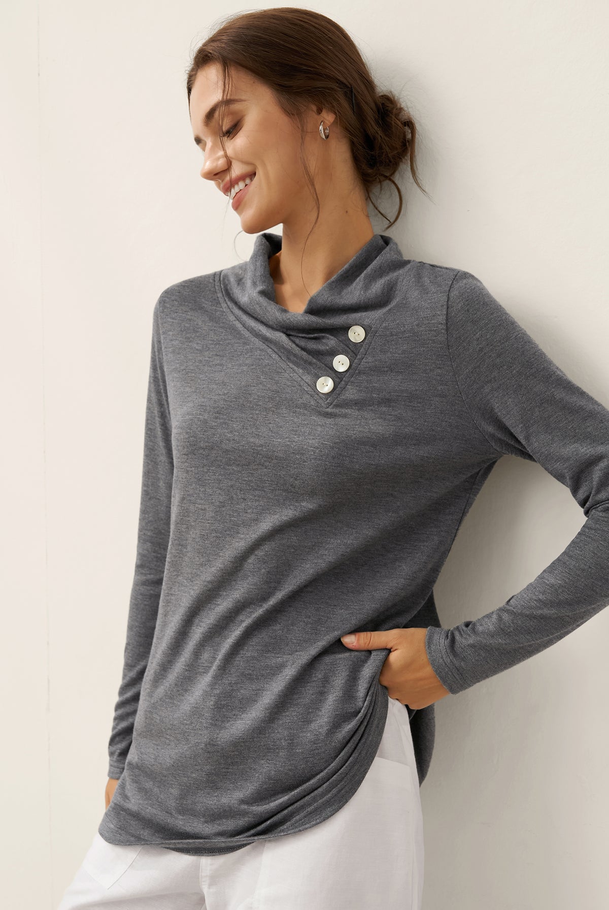 Cashmere Asymmetric Cowl Neck Stretch Top TATIANA by LINTICO for women