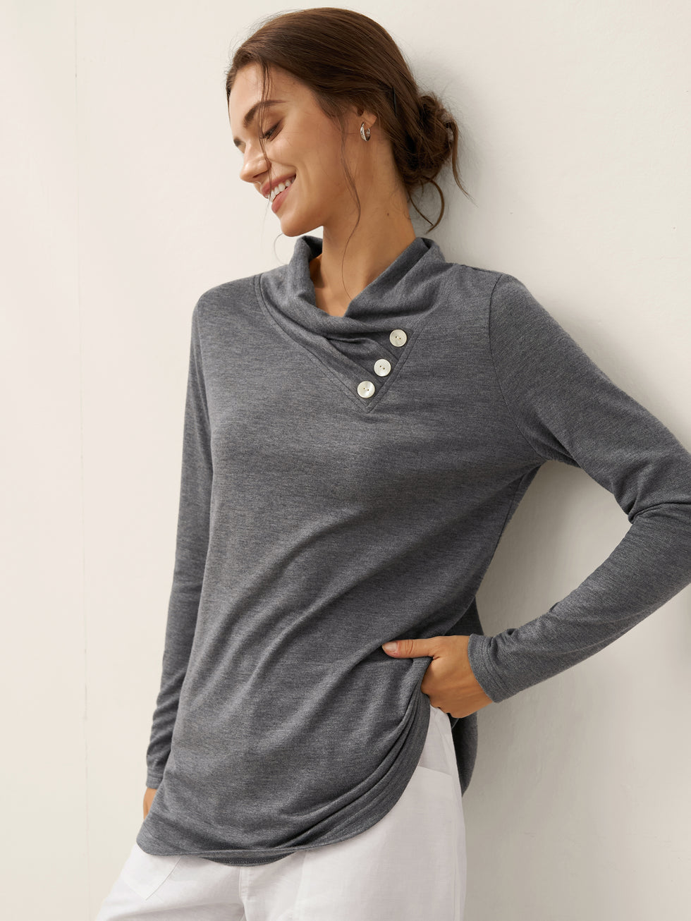 Cashmere Asymmetric Cowl Neck Stretch Top TATIANA by LINTICO for women