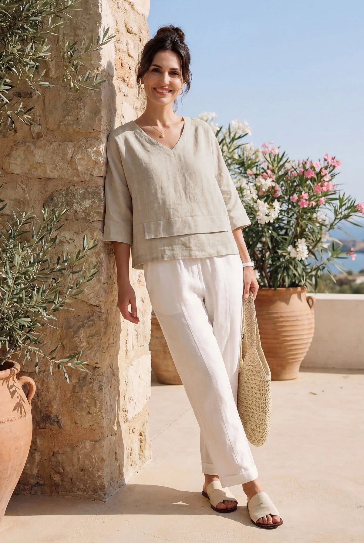 Natural Melange 100% Linen Drop Shoulder Asymmetric Layered Hem Overtop VIOLA by LINTICO