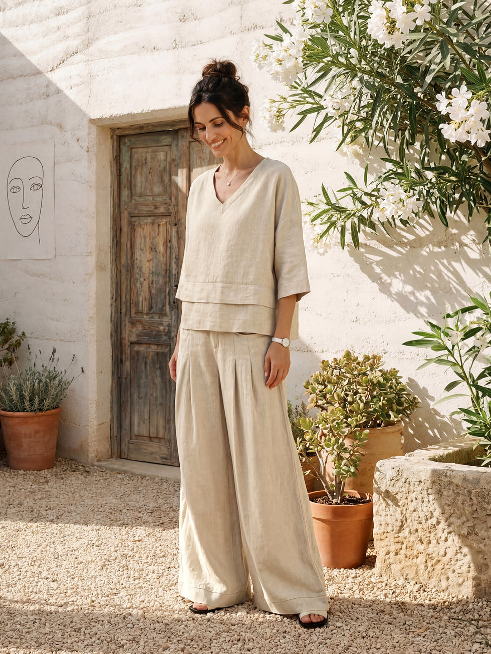 100% Linen Sculpted Pleat Elasticated Back Relaxed Pants VERIDIANA by LINTICO for women
