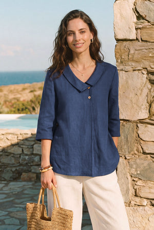 100% Linen Asymmetric Collar Inverted Pleat Top OTTILIE by LINTICO for women