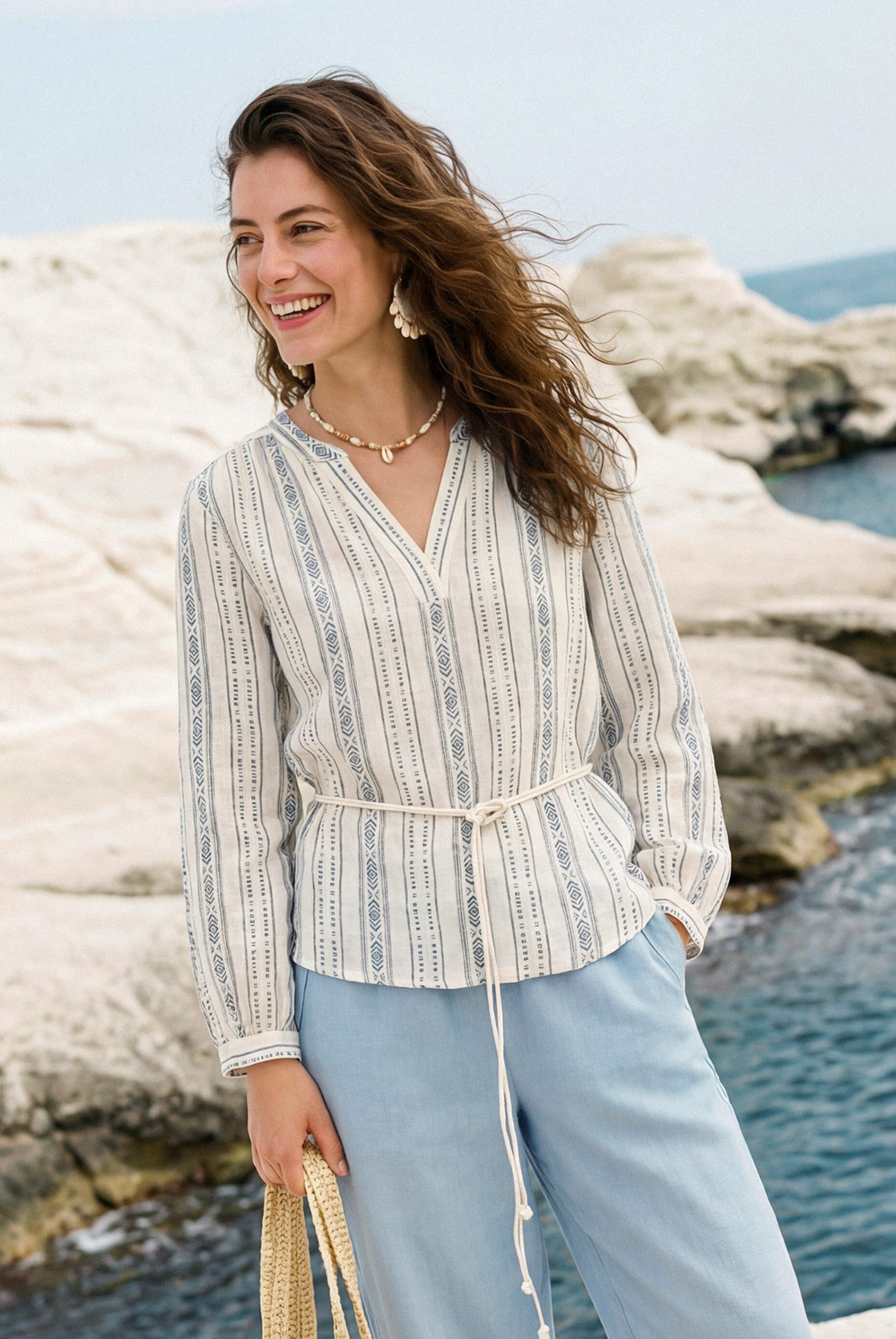 Linen Tribal Stripe Split Neck Bohemian Blouse KERENZA by LINTICO for women