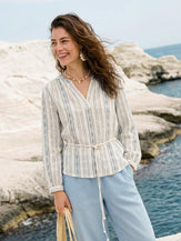 Linen Tribal Stripe Split Neck Bohemian Blouse KERENZA by LINTICO for women