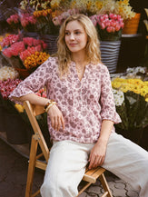 Linen Paisley Pintucked Ruffle-Cuff Curved Hem Blouse ILARIA by LINTICO for women