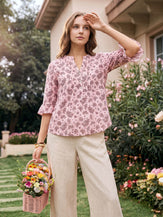 Linen Paisley Pintucked Ruffle-Cuff Curved Hem Blouse ILARIA by LINTICO for women