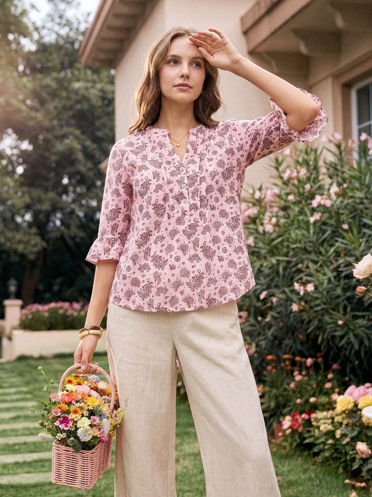 Linen Paisley Pintucked Ruffle-Cuff Curved Hem Blouse ILARIA by LINTICO for women
