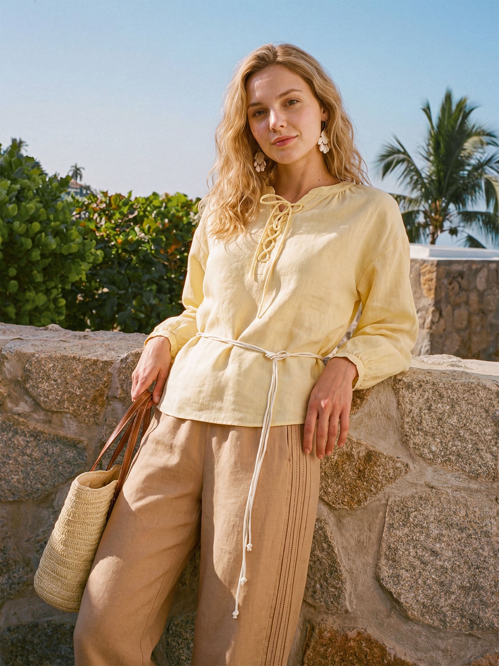 100% Linen Lace-Up Shirred Lantern Sleeve Blouse DOROTHEA by LINTICO for women