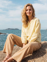 100% Linen Lace-Up Shirred Lantern Sleeve Blouse DOROTHEA by LINTICO for women