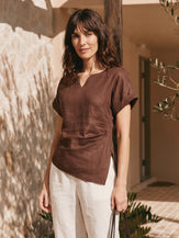 100% Linen Asymmetric Hem Side Gathered Split-Neck Top MINERVA by LINTICO for women