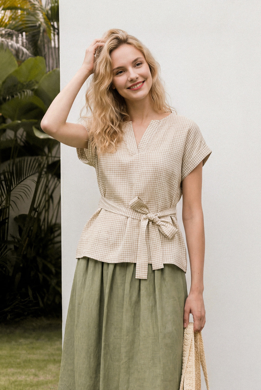 100% Linen Plaid Detachable Tie-Belt Split-Neck Top LEXIE by LINTICO for women