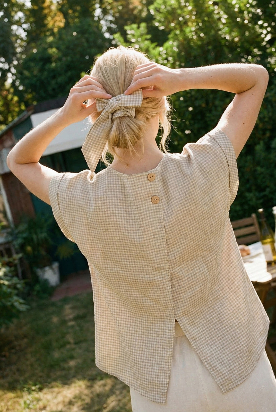100% Linen Plaid Detachable Tie-Belt Split-Neck Top LEXIE by LINTICO for women