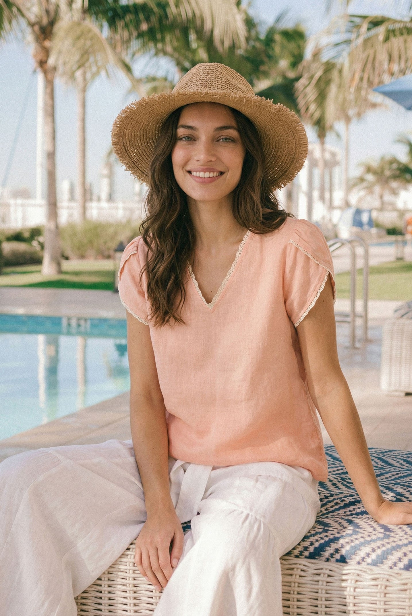 100% Linen Lace-Trim Puff-Sleeve Top NIA by LINTICO for women