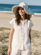100% Linen Frayed-Trim Drop-Shoulder Top INDIRA by LINTICO for women