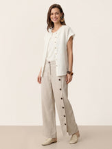 100% Linen Frayed-Trim Drop-Shoulder Top INDIRA by LINTICO for women