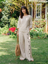 100% Linen Buttoned Slit-Hem Pants KATYA by LINTICO for women