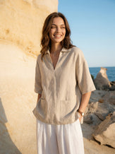100% Linen Camp-Collar Patch-Pocket Top BRENNA by LINTICO for women
