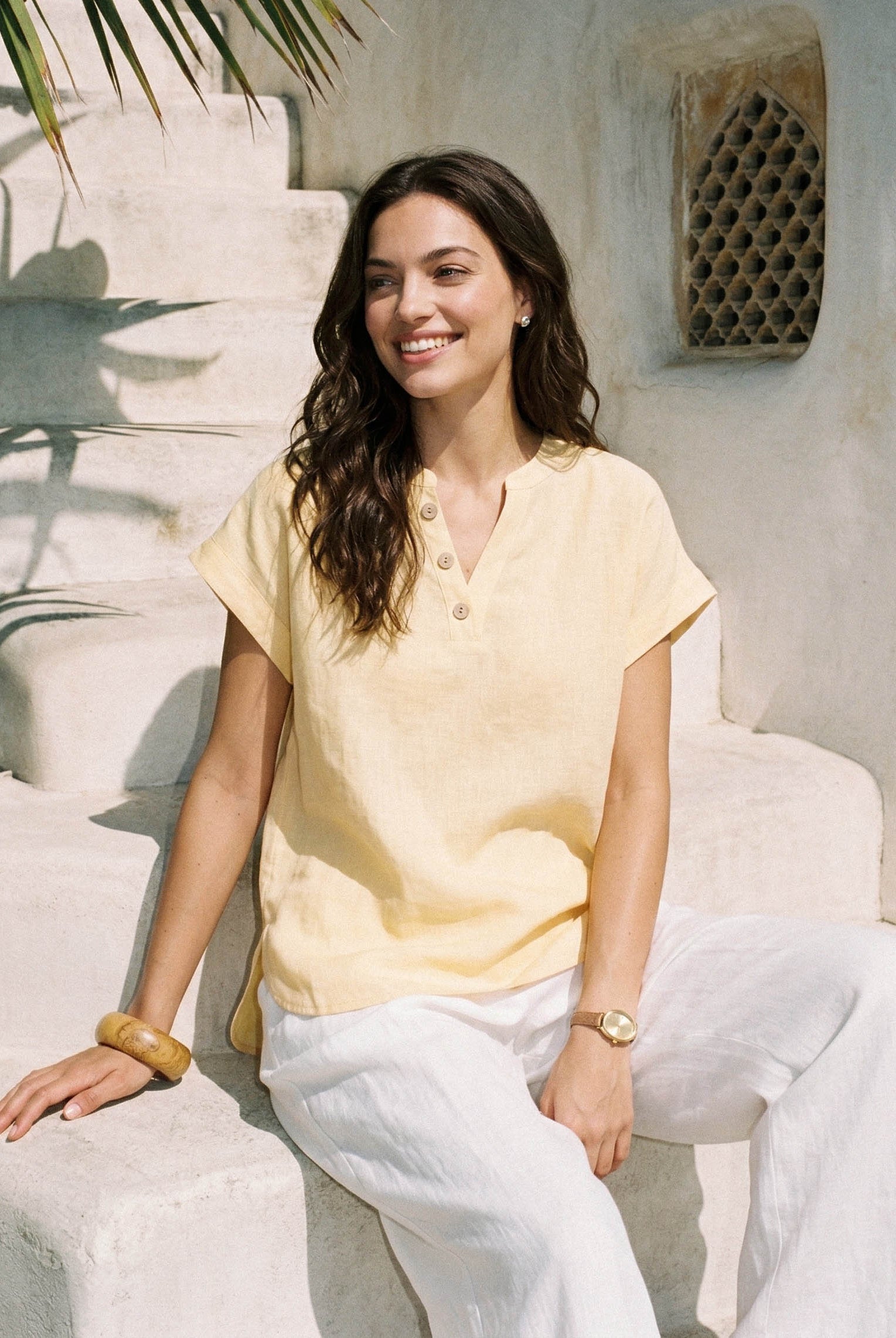 100% Linen Stand-Collar Curved-Hem Top CRESSA by LINTICO for women