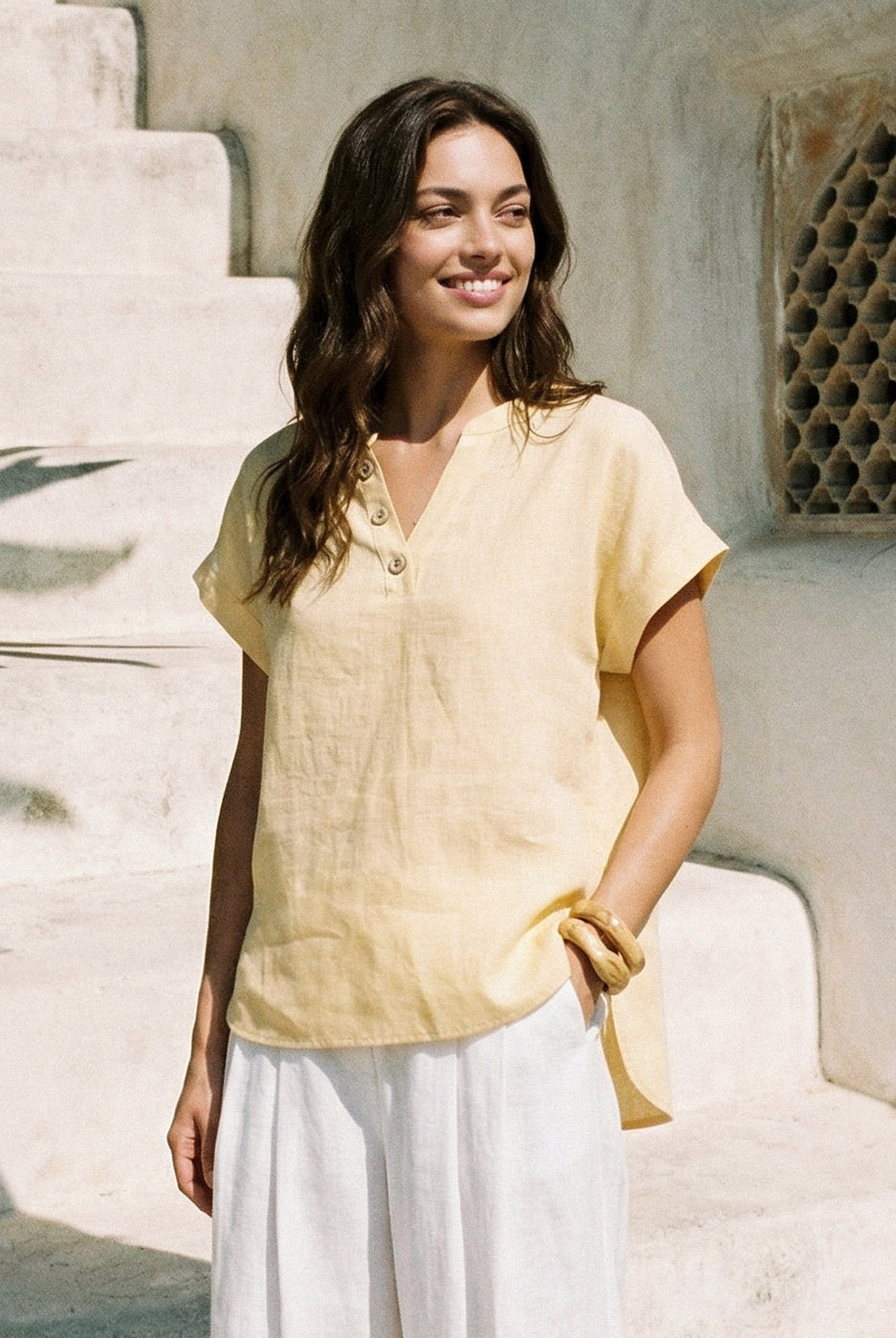 100% Linen Stand-Collar Curved-Hem Top CRESSA by LINTICO for women