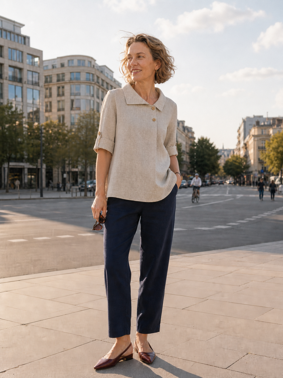 100% Linen Asymmetric Button Placket Shirt CLARISSA by LINTICO