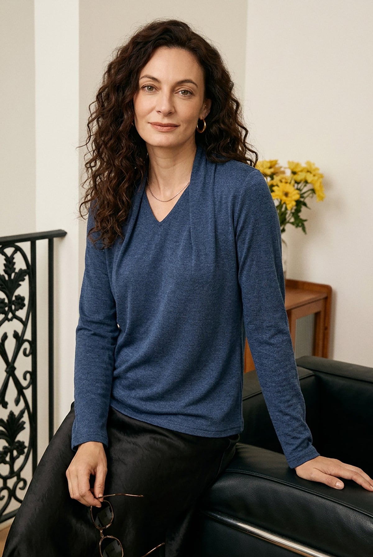 Lapis Blue Wool Draped Shawl Collar Long Sleeve Top MARISTELLA