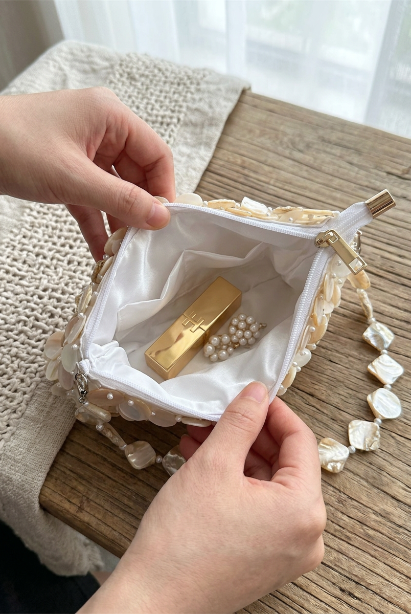Luxe Handcrafted Mother of Pearl Disc Clutch for Special Occassion & Summer Vacations by LINTICO