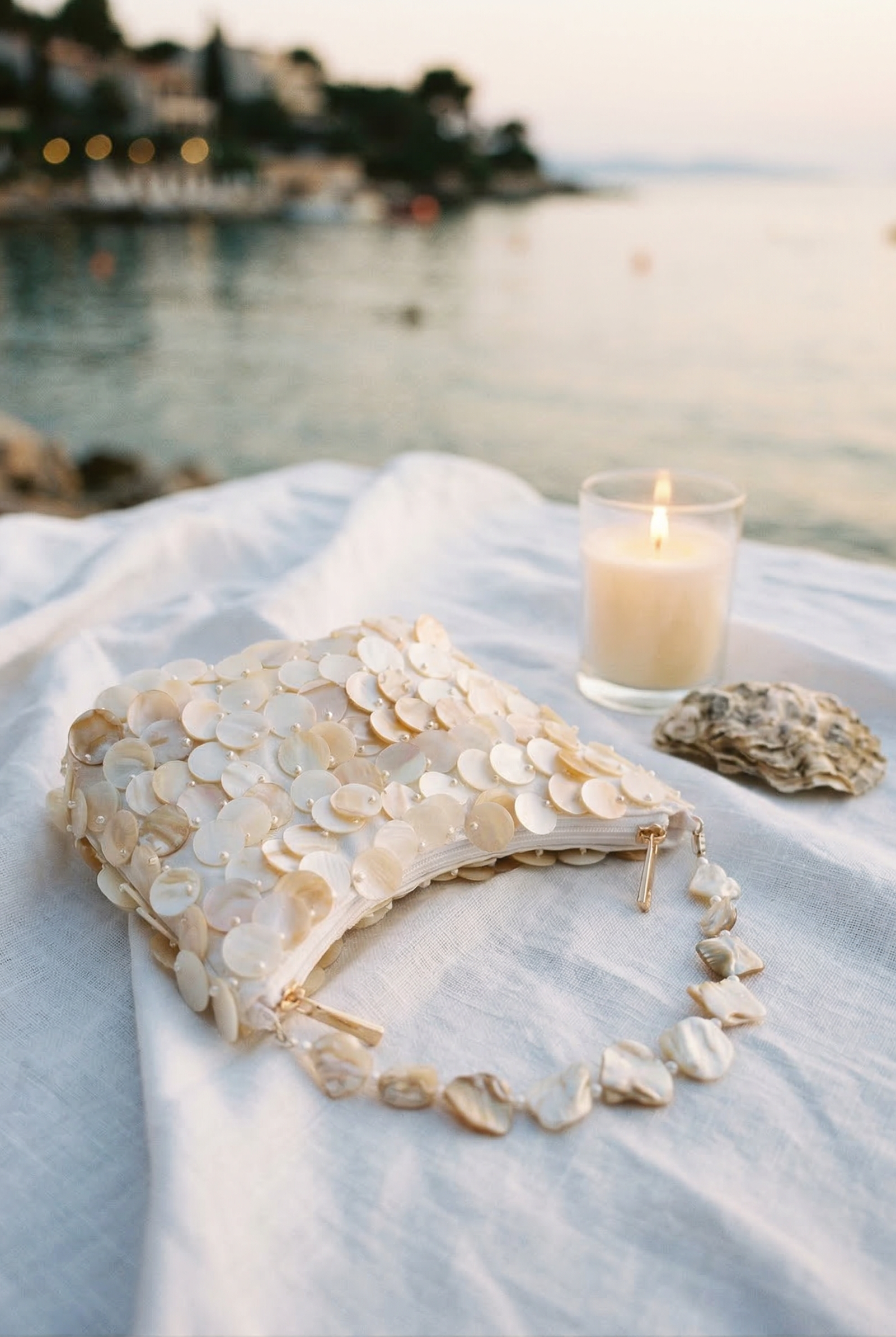 Luxe Handcrafted Mother of Pearl Disc Clutch for Special Occassion & Summer Vacations by LINTICO