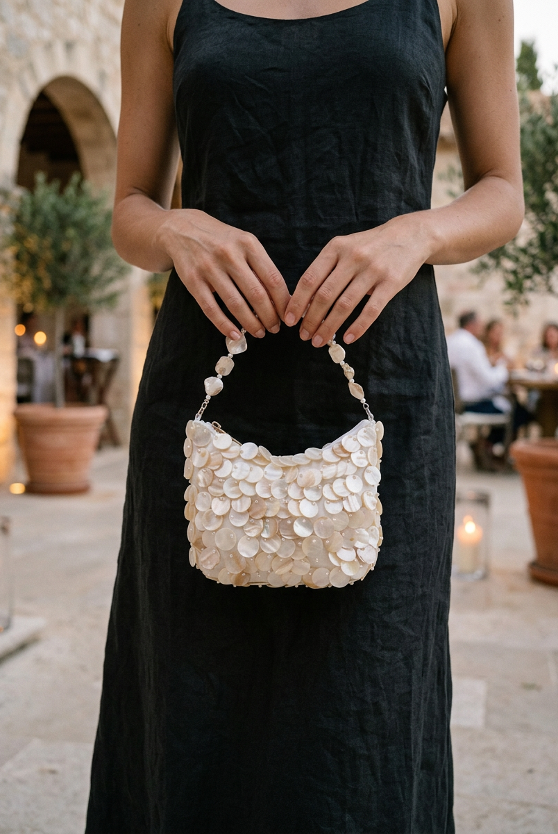 Luxe Handcrafted Mother of Pearl Disc Clutch for Special Occassion & Summer Vacations by LINTICO