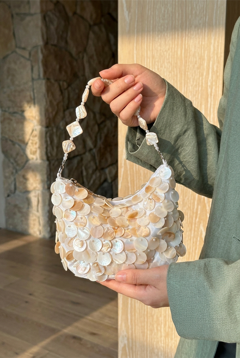Luxe Handcrafted Mother of Pearl Disc Clutch for Special Occassion & Summer Vacations by LINTICO