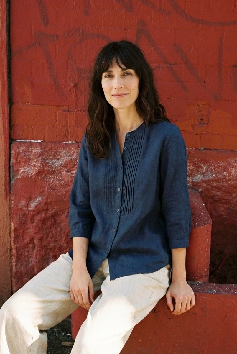 100% Linen Sculpted Accordion Pleat Crew Neck Shirt RANA by LINTICO for women