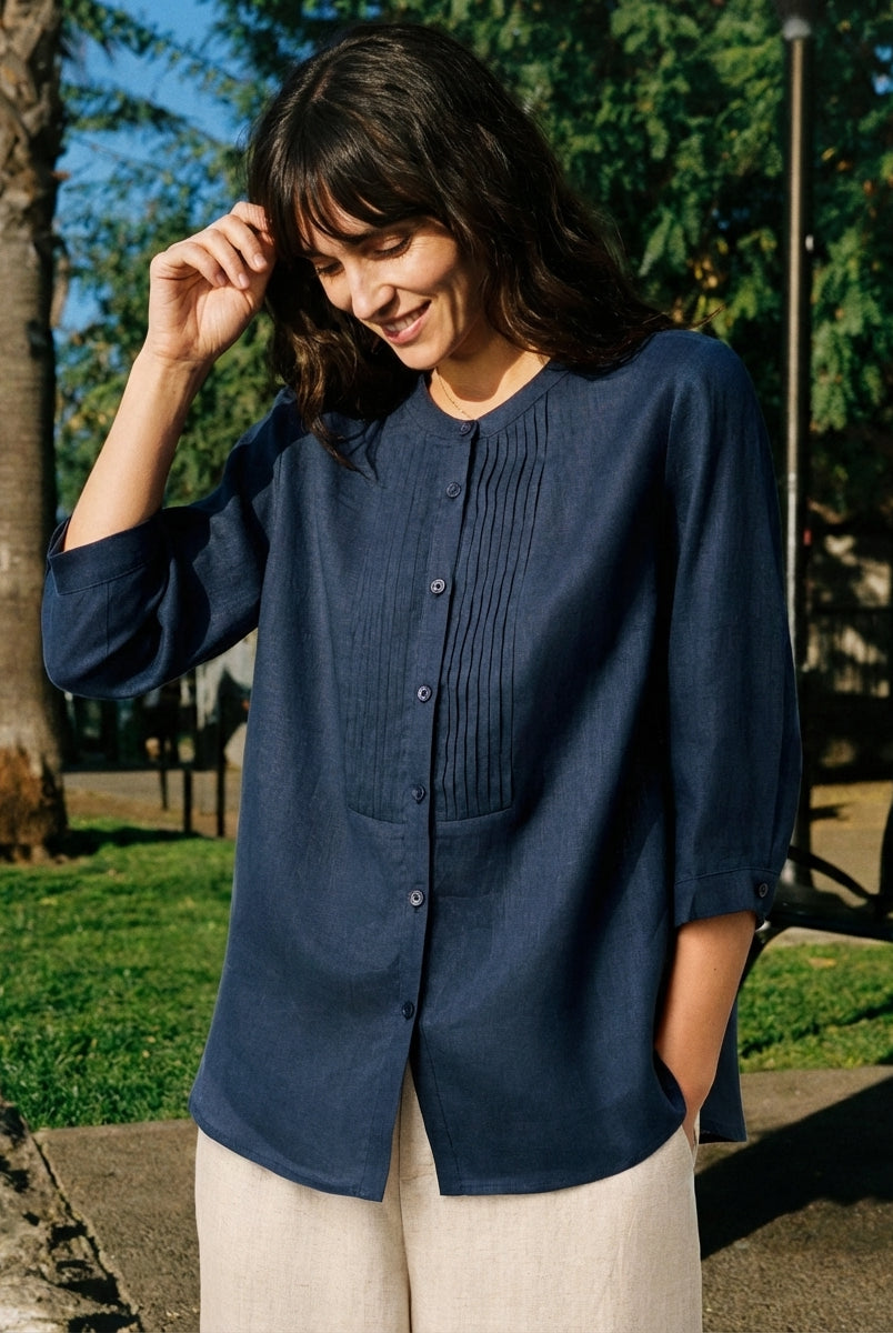 100% Linen Sculpted Accordion Pleat Crew Neck Shirt RANA by LINTICO for women