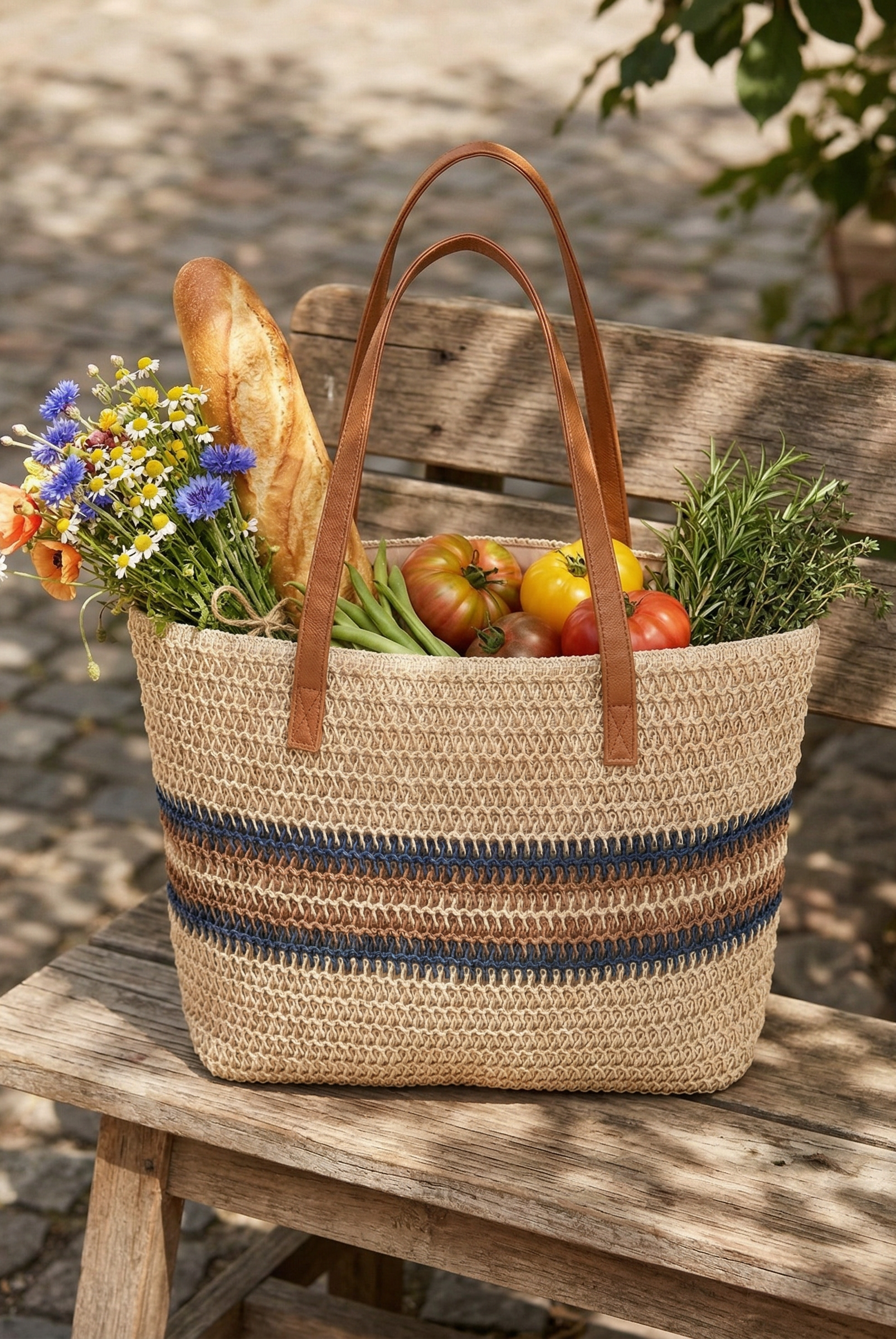 Artisanal Handwoven Stripes Large Tote for Summer Vacation by LINTICO for women
