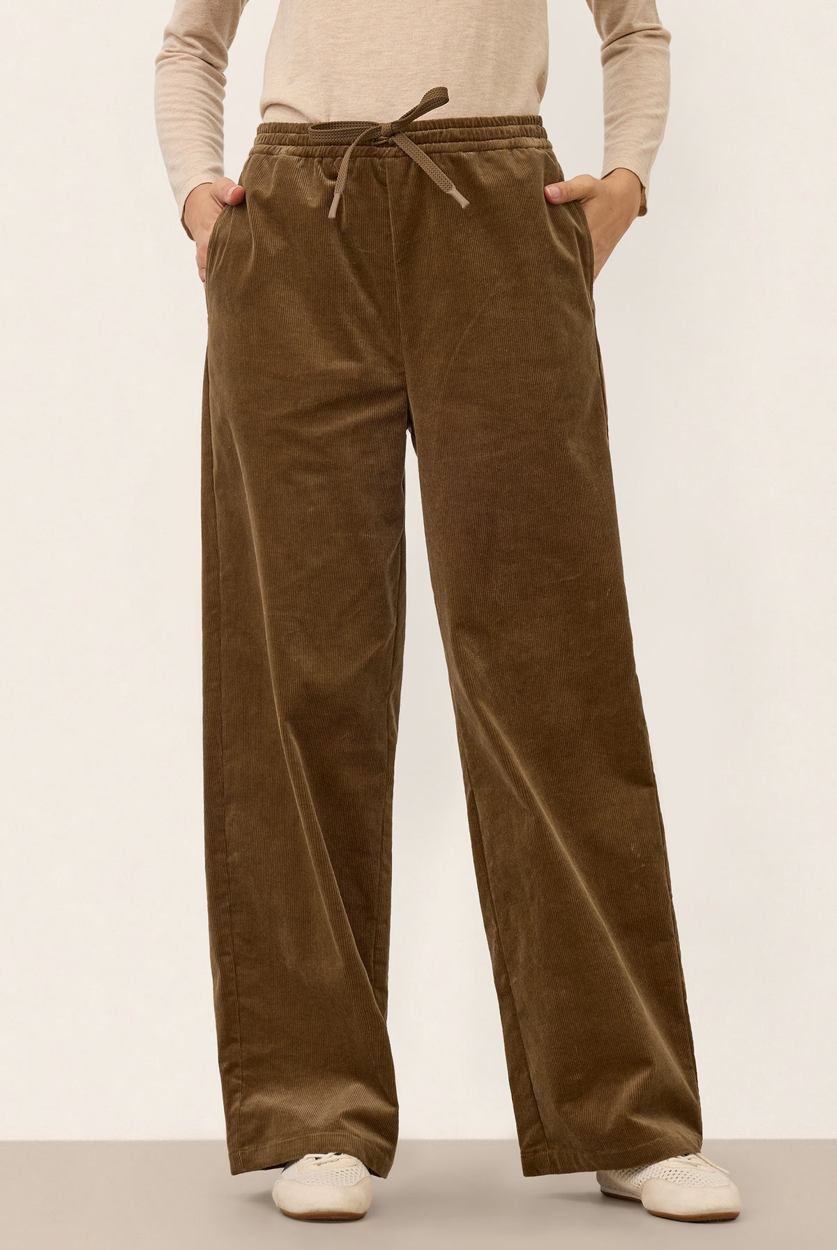 Cotton Corduroy Drawstring Waist Straight Leg Pants ALORA in Walnut Brown