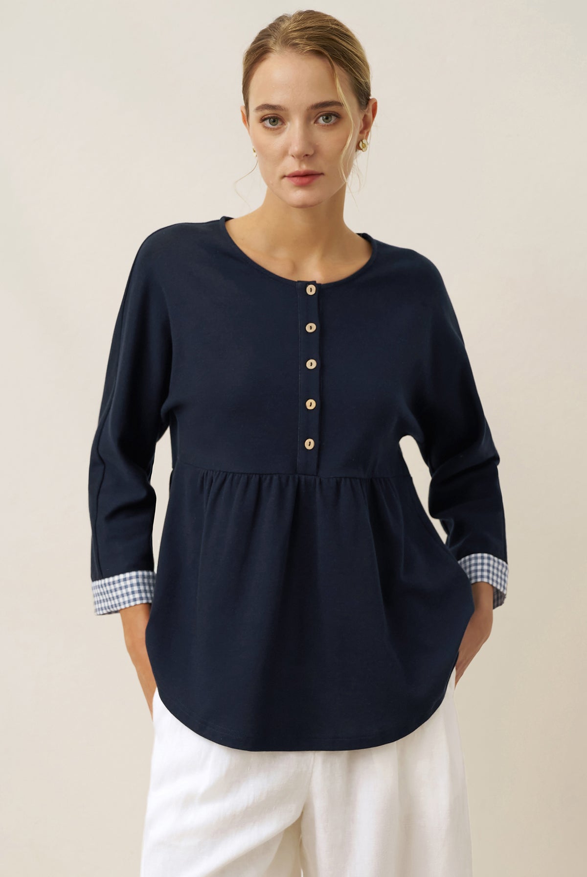 Organic Cotton Patchwork Cuff Button Decor Top AUDREY by LINTICO for women