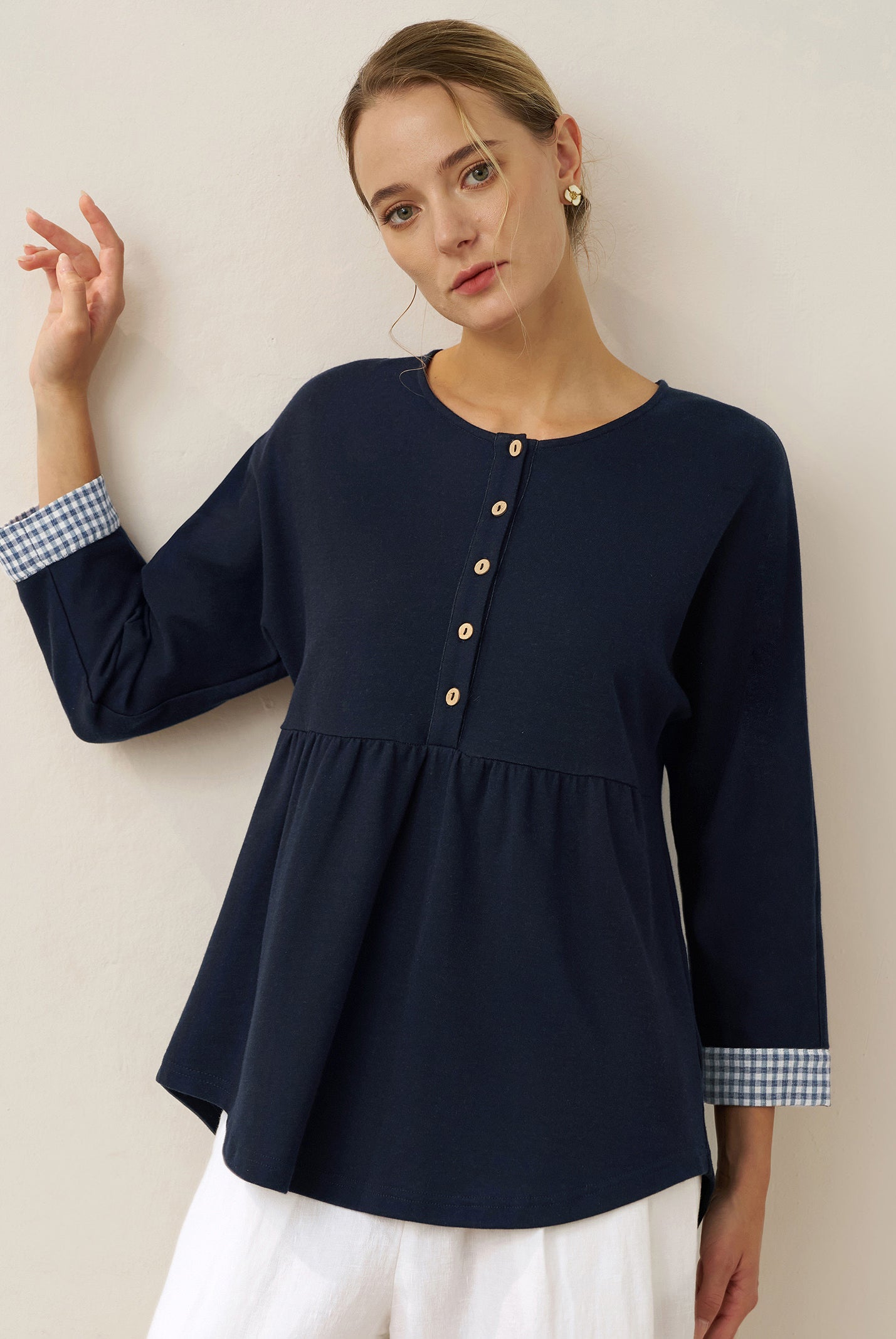 Organic Cotton Patchwork Cuff Button Decor Top AUDREY by LINTICO for women