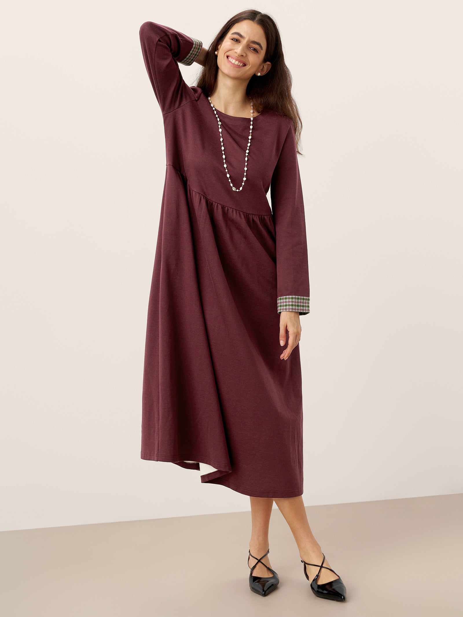 Organic Cotton Patchwork Cuff Crew Neck Casual Midi Dress SCARLETT by LINTICO for women