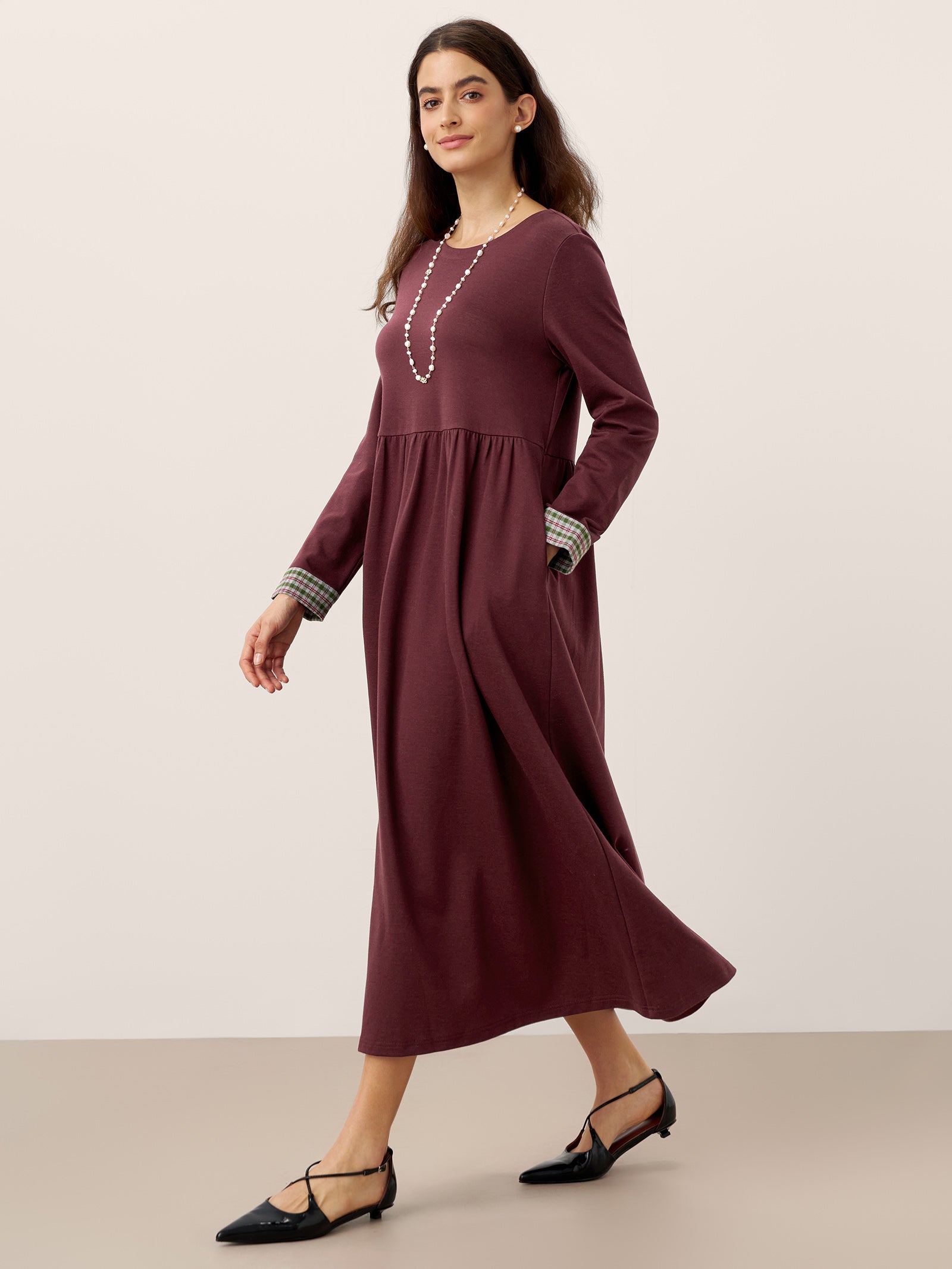 Organic Cotton Patchwork Cuff Crew Neck Casual Midi Dress SCARLETT by LINTICO for women