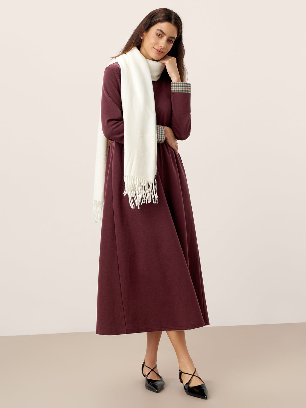 Organic Cotton Patchwork Cuff Crew Neck Casual Midi Dress SCARLETT by LINTICO for women